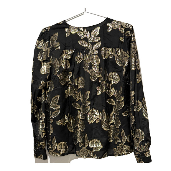 Ann Taylor Black Gold Metallic Floral Blouse Top XS NWT Shimmer V-Neck Holiday - Picture 3 of 6